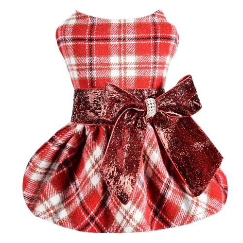 Red Dog Dress Dog Sweater - Christmas Doggy Clothes for Small Dogs - Puppy Sweater Dress Princess Plaid Dress - Pet Outfit Holiday Festival Puppies Apparel Wedding Birthday Winter Clothing XXS Red