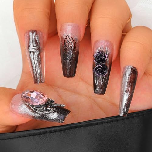 Sethexy Long Coffin Handmade False Nails - Goth Rose, 3D Design, Rhinestone, Gradient Press on Nails Women Salon Stick on Nails 10PCS - Image 3