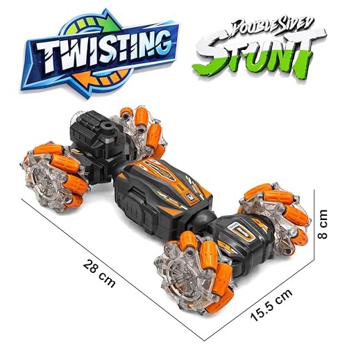 Image of VGRASSP Dual Control Twisting Drift Stunt Mist Car Toy for Kids with Remote Control and Gesture Wrist Controller - Rechargeable 360 Rotating Smoke RC Car Toy with LED Lights, Sound Effects - Orange