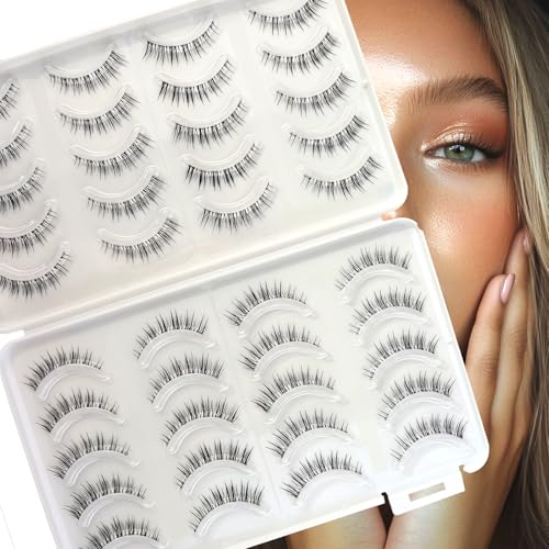 TEESTOU Natural Strip Lashes 10MM Short Cat Eye False Eyelashes Invisible Clear Band Thin Wispy Fake Lashes for Daily Wear 20Pairs