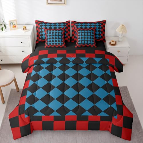 Image of Feelyou Checkered Retro Twin Comforter Set with Sheets for Kids Boys Girls Red Blue Black Plaid 7 Pieces Bedding Set Geometric Vintage Bed in a Bag Modern Simple Groovy Aesthetic Room Decor Soft