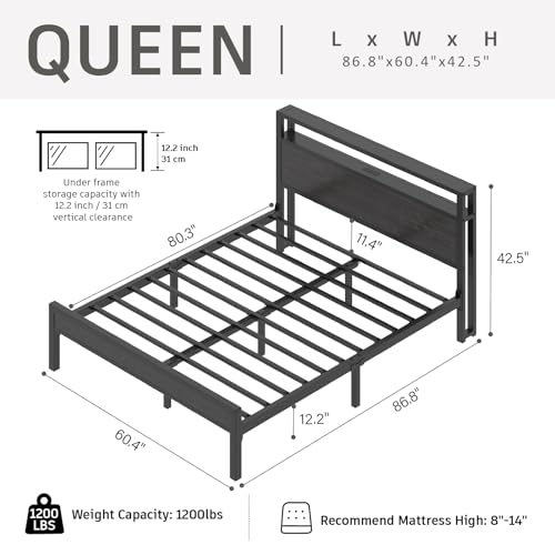 Image of E-Motie Queen Size Bed Frame with LED Lights and Charging Station, Wood Storage Headboard with 2-Tier Shelves, Heavy Duty Metal Slats, No Box Spring Need, Noise Free, Easy Assembly, Black