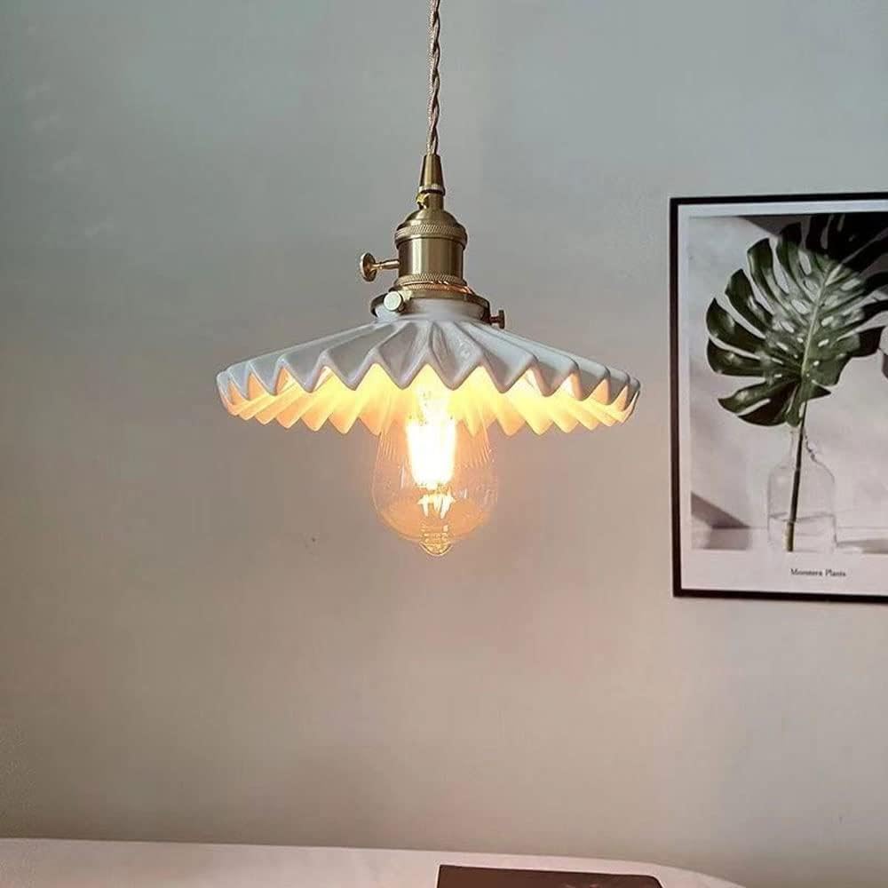 BLOOHK Vintage Ceramic Pendant Light, White Ruffled Fluted Shade with Brass Accent, Adjustable Hanging Lamp Fixture for Kitchen Island, Dining Room, Bedroom Decor