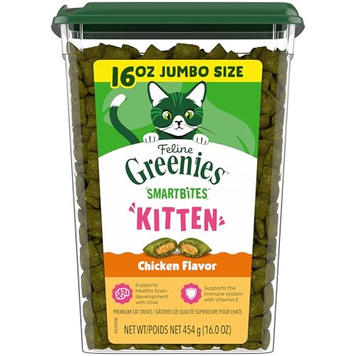 Greenies Feline Smartbites Healthy Kitten Treats for Indoor Kittens, Crunchy and Soft Natural Cat Treats, Chicken Flavor, 16 oz. Tub