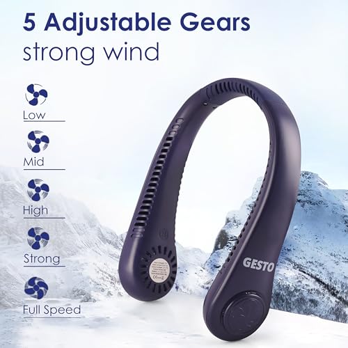 Image of Gesto Portable Neck Fan Rechargeable - Hands-Free Neck Fan for Summer With 1500 mAh Battery & Display | 5-Speed 360 Airflow, USB Charging Personal Fan for Home, Kitchen, Gym, Travel, Running - Blue