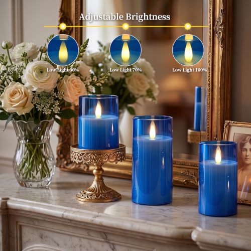 Image of Homemory Realistic Flickering Flameless Blue Candles with Remote & Timer | LED Fake Electric Pillar Candles Battery Operated for Home, Halloween, Christmas Decor, Set of 3