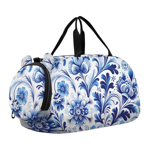 Blue White Floral Tile Duffle Bag for Girl, Sports Duffle Gym Bags with Shoe Compartment, Personalized Overnight Bag Travel Weekender for Kids
