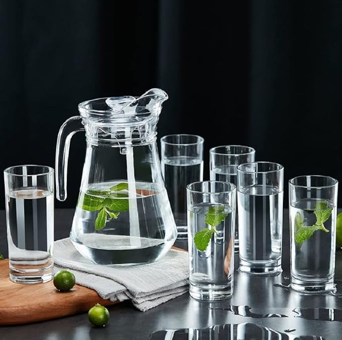 Red-Rubby Premium Water and Juice Glasses Set of 6 and Borosilicate Glass Jug Set Combo,(6 PC Glasses 300ML and 1 Water Jug 1.8 Liter), Transparent, Glass and Jug Set for Dining Table