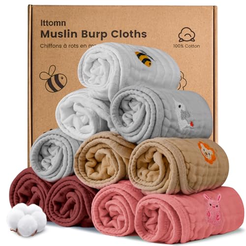 Image of lttomn Muslin Burp Cloths 10 Pack,100% Cotton Burp Cloths Baby Girl, Newborn Essential Must-Have Organic Burping Cloths, 6 Layers Cotton Soft Washcloths, Multi-Colors Face Towels 20"x11"Large (Girls)