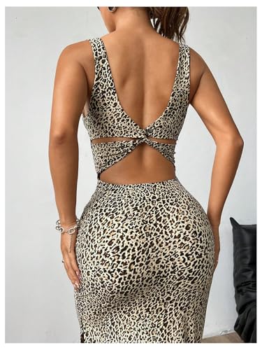 GORGLITTER Women's Cheetah Leopard Print Backless Bodycon Tank Dress Twist Sleeveless Summer Maxi Long Sundresses4