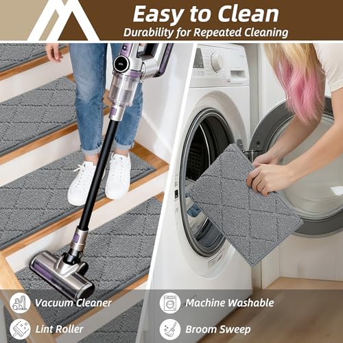 Image of COSY HOMEER Stair Treads for Wooden Steps 9 inchx28 inch Washable Indoor Carpet Stair Treads Non Slip Soft Polyester Stair Carpet Tread Reusable Stair Runner Rugs for Kids, Elders,Pets,Medium Grey,7pcs