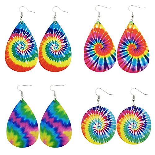 4 Pairs Colorful Tie Dye Double Printed Leather Dangle Earrings Set Lightweight Bohemian Teardrop Earrings for Women Jewelry