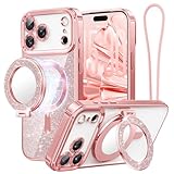 Meifigno マグネット式ケース 取り外し可能なスマホリングスタンド付き iPhone 17 Pro 6.3インチ用 [グリッターカード&リストストラップ] [MagSafe対応] [ミラー内蔵] マグネット式スマホリングホルダー + ケースキット、ローズゴールド