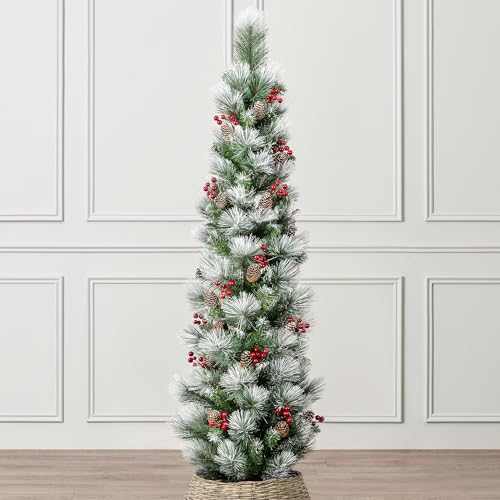 Christow Frosted Pencil Christmas Tree with Pinecones & Berries 5ft