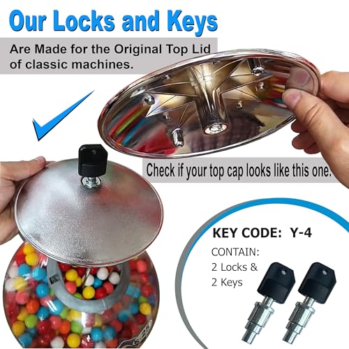 Image of Locks & Keys Classic Gumball Machine - Vending Machines Top Lid Tubular Key Lock for Capsule, Candy, Gumball Vending Machine. Gumball Machine Lock and Key 1 /4 inch Thread (2pc - Key Y4)