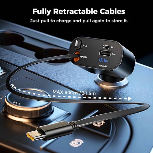 Image of 120W Retractable 4-in-1 Fast Car Charger (2026 New Version) | Built-in Type-C & Lightning Cables | Dual USB Car Mobile Charger | Compatible with iPhone 17 to 11, Samsung, Android & USB Devices