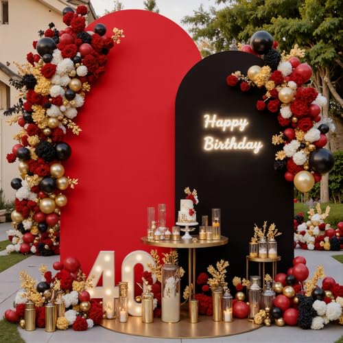Image of Black Red Photo Arch Backdrop Cover Set of 2 Spandex 7.2 and 6ft Arch Covers Stretchy Backdrop Birthday Party Arch Stand Covers for Baby Shower Wedding Retirement Banquet Background Decorations
