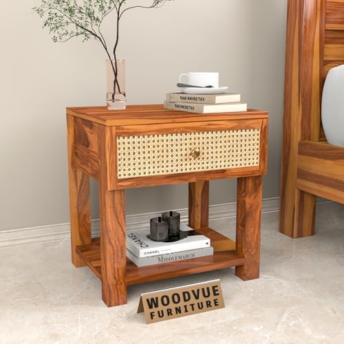 Image of Solid Sheesham Wood Bedside Table with Cane Rattan Drawer & Open Storage Shelf | Wooden Nightstand for Bedroom, Living Room & Guest Room (Honey Finish)