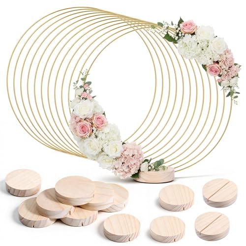 12Pcs 12 Inch Metal Floral Hoop Centerpiece with Stand Wreath Macrame Gold Hoop Rings with Wooden Stand for Making Wedding Table Wreaths Wall Hanging Crafts