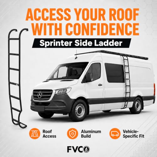Image of FVC Wheel Wrap Side Ladder for 2007-2026 Low Roof Mercedes Benz Sprinter | Mounts to the Factory Roof Rails, Retains T-Vent or Pop-Out Windows on Driver Side, Seven Gripped Steps