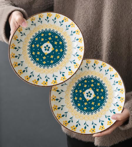 Image of Premium Ceramic Pasta Plates with Elegant Blue & Yellow Floral Design, Deep Serving Plates for Pasta, Salad, Noodles, Biryani & Desserts, Microwave & Dishwasher Safe (Blue, White, Pack of 2)