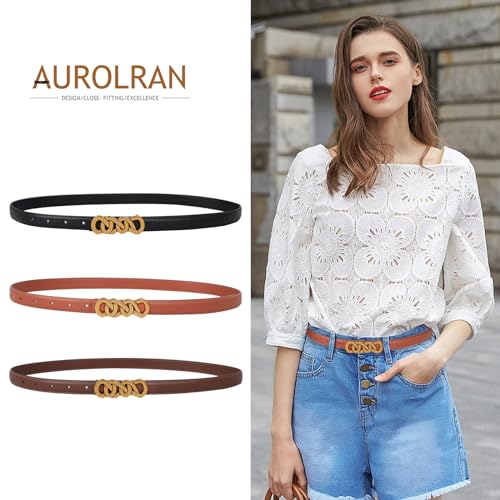 Image of Aurolran Women's Fashion Classic Metal Buckle Leather Belt with Jeans Dress