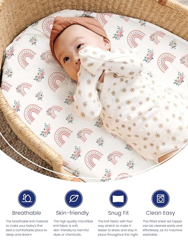 Image of TotAha Premium Soft Bassinet Sheet for Boy Girl, Super Stretchy Jersey Knit Bassinet Fitted Sheet, Compatible with Halo, Maxi COSI, Mika Micky, SNOO, and Other Bassinet, 2 Pack (Rainbow)