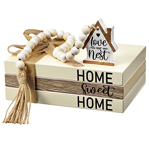 Tatuo 4 Pcs Wooden Farmhouse Stacked Books Set Home Sweet Home Decorative Books with Wooden Beads Garland White Faux Books Decoration Faux Decorative Books for Coffee Table Home Office Living Room