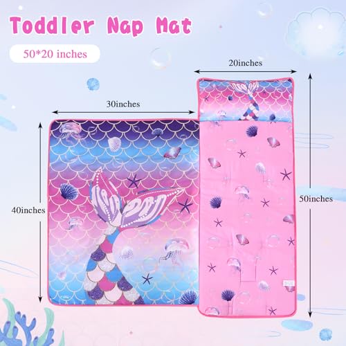 Image of Toddler Nap Mat with Pillow, Large Rolled Mermaid Napping Mats | Toddler Sleeping Bag, Nap Mats for Daycare, Preschool, Travel Sleeping Bag for Girls, Toddler Nap Mat Sleep Mat for Daycare