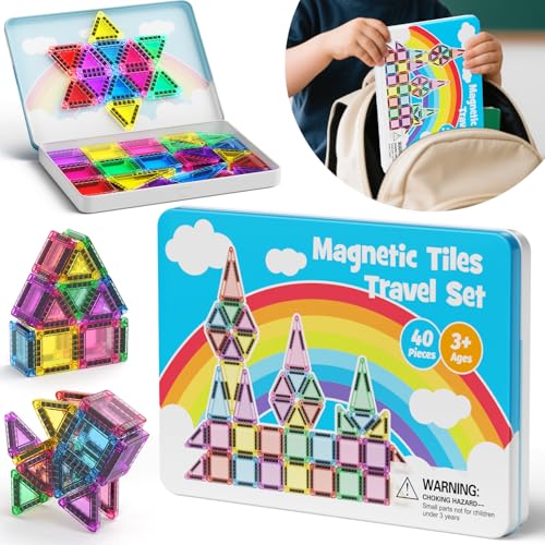 Image of Travel Magnetic Tiles Set Kids: 40pcs Blocks Iron Box Carry,45s Storage