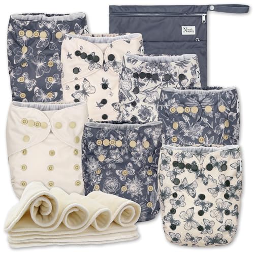 Image of Nora's Nursery Cloth Diapers 7 Pack with 7 Inserts & 1 Wet Bag - Waterproof Cover, Washable, Reusable & One Size Adjustable Pocket Diapers for Newborns and Toddlers - Country Garden