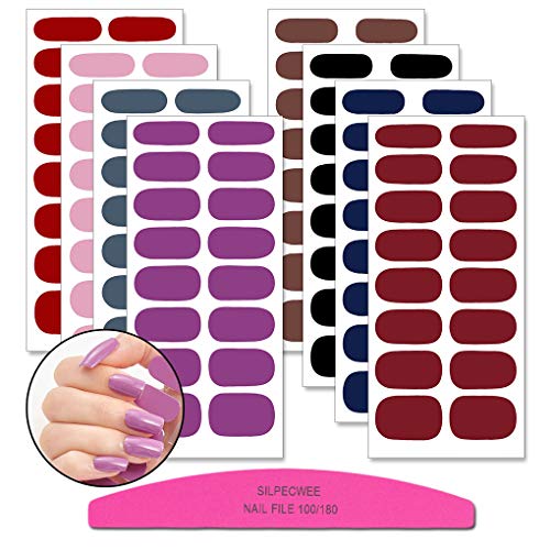 SILPECWEE 8 Sheets Solid Color Nail Polish Strips Nail Stickers Full Nail Wraps Nail Strips Real Nail Polish Adhesive Nail Art Stickers Manicure Kit with 1pc Nail File