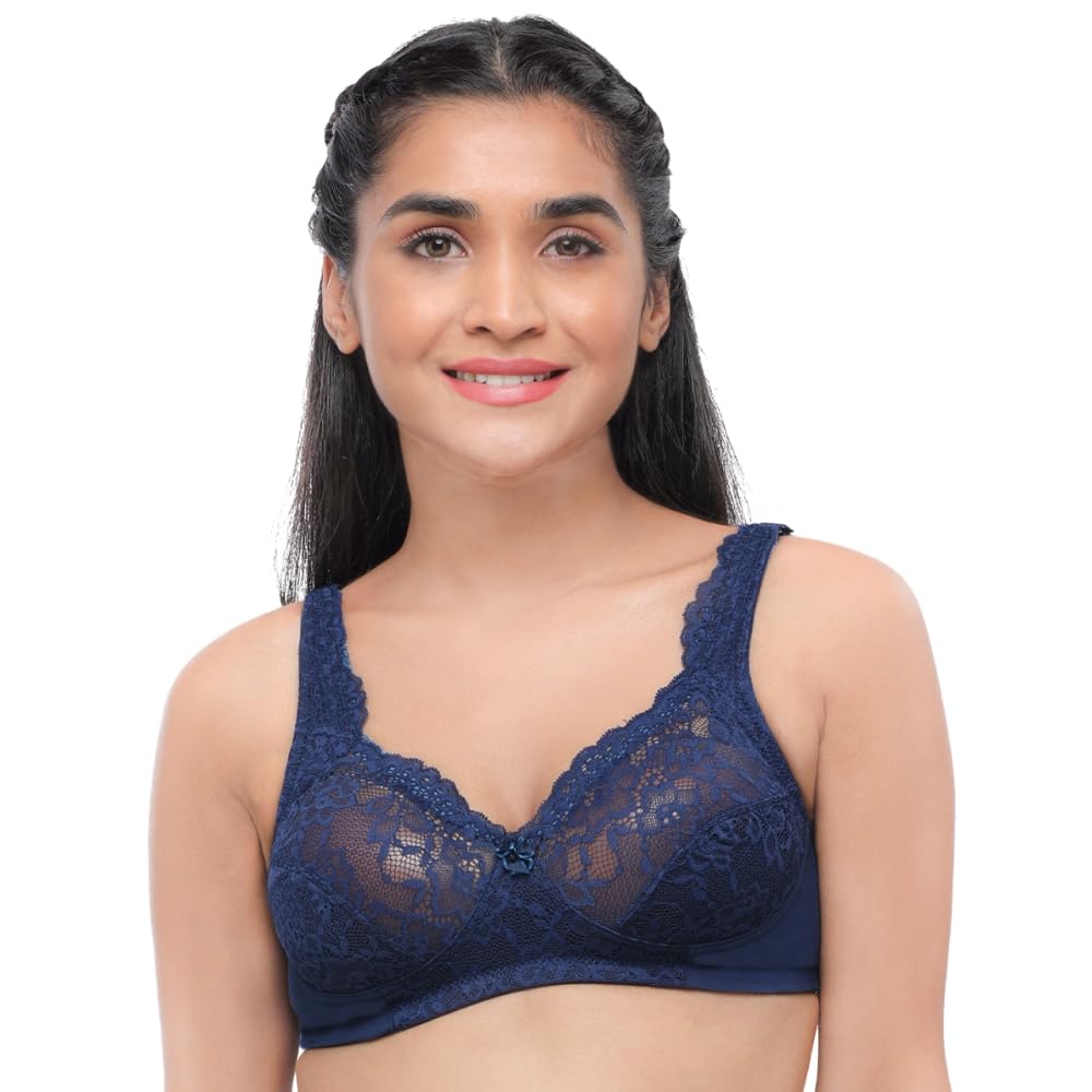 Women Girls Cotton Non-Padded Wire-Free Minimizer Bra with Adjustable Straps V-Neck See-Through Lace/Net Pattern Floral Full Coverage Bra - Original-image-28