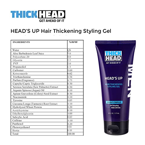 Thick Head Heads Up Hair Thickening Styling Gel For Men Adds Instant Volume And Texture To Thin Fine Hair | Provides Firm Hold | 6 Fl Oz #TOP2