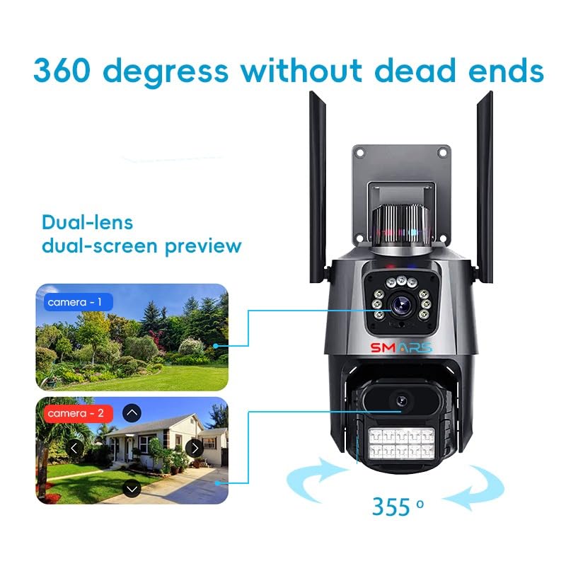 Image of smars 4+4MP Dual Lens 1920P UHD 4G SIM Based PTZ Security Camera | Pan Tilt Outdoor Indoor IP66 Level Waterproof CCTV Camera with Color Night Vision, Motion Detection