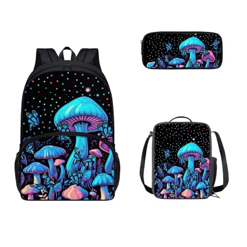 Zaino scolastico da con portapranzo e custodia per matite set per bambini e scuole medie molte tasche Fungo blu. 17 pollici