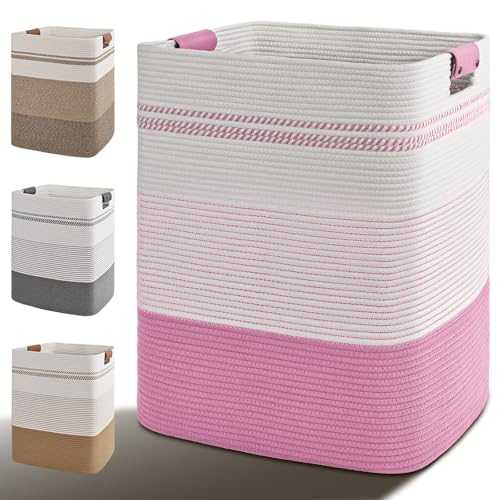 Image of Laundry Hamper, 85L Tall Laundry Basket with Leather Handles, Rectangle Large Clothes Hamper for Organizing, Cotton Woven Laundry Baskets Storage Hampers for Bedroom, Nursery, Living Room