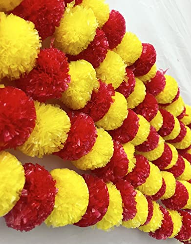 Image of Sphinx Artificial Marigold Fluffy Flowers Garlands for Decoration - (Yellow & Red, 5 Pieces)