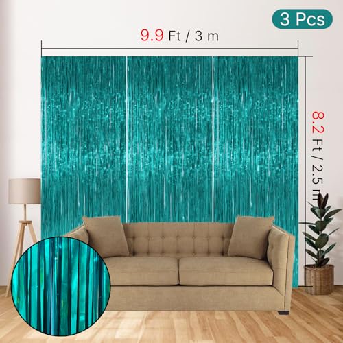 Image of PartyWoo Teal Streamers Backdrop 3pcs Turquoise Foil Fringe Streamer Curtain 8.2FT Tinsel Backdrop for Birthday Gender Reveal Baby Shower Graduation Pool Mermaid Under The Sea Party Decorations