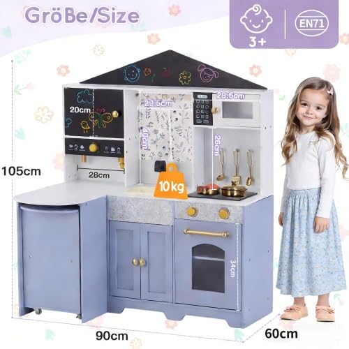 Kinder-Spielküche aus Holz in Hausform Rosa mit Kaffeemaschine, Backofen, Herd und Spüle, Komplettzubehör für Kinder ab 3 Jahren