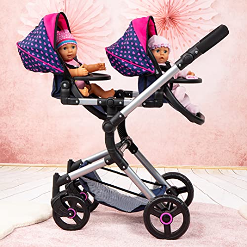 Bayer Design 26254AA Twin Pram, Doll Carriage, Height-adjuable Handle, Foldable, with Bag and Integrated Shopping Basket, Compatible with EasyGo, Blue with Unicorn and Hearts