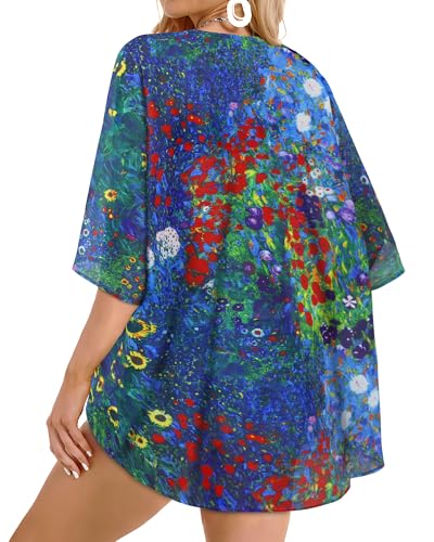 Image of Women's Floral Print Puff Sleeve Kimono Cardigan Loose Cover Up Casual Blouse Tops 2026