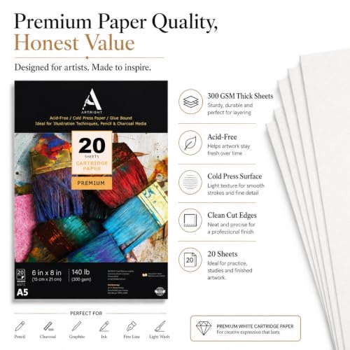 Image of ArtRight Artists' Sketching Paper (A5 Pack of 20 Sheets, 300 GSM); Handmade Cartridge Mixed Media Sheets of 300GSM for Pencil, Charcoal and Ink Media