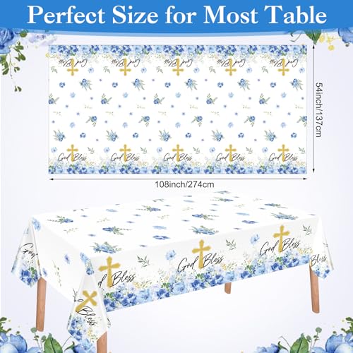 Image of Ganeen 3 Pcs Baptism Tablecloth First Holy Communion Tablecloth Blue Boy God Bless Disposable Plastic Waterproof Cross Table Covers for Christening Baby Shower Religious Decor, 54 x 108 Inch
