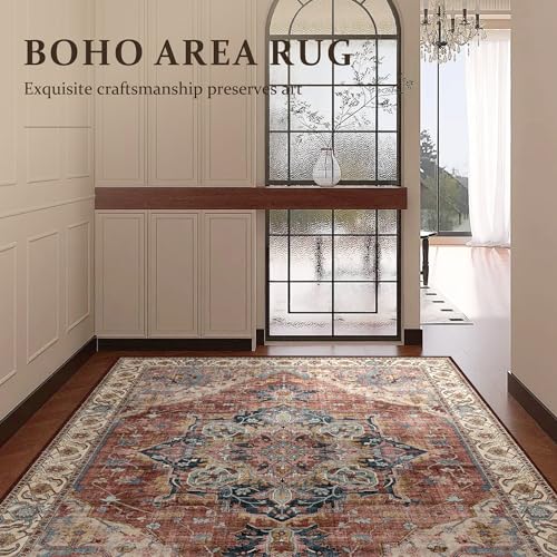 Deerly Vintage Area Rug 5x7 Boho Washable Rug for Living Room Bedroom Non Slip Low Pile 5x7 Rug for Kitchen Entryway Bedroom Dining Room Office, Brickred/Multi