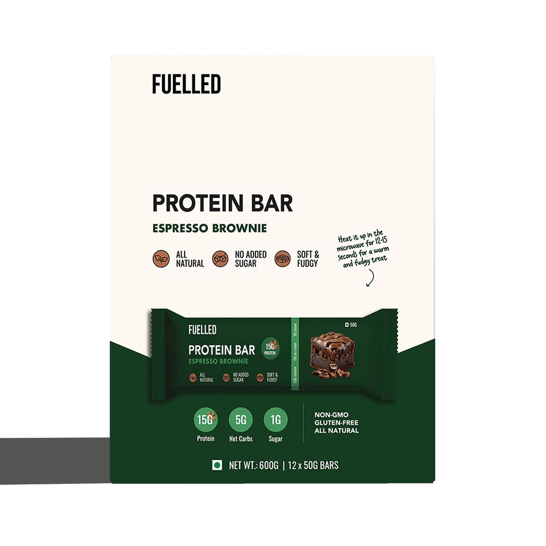 FUELLED Espresso Brownie Protein Bar (Pack of 12) – 15 g Protein, 5 g Net Carbs, 180 Calories, 14 g Fibre | No Added Sugar