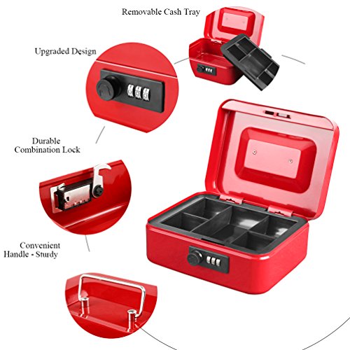 Jssmst Medium Cash Box With Combination Lock - Durable Metal Cash Box With Money Tray Red, 7.87 X 6.3 X 3.35 Inches, Cb0703M #TOP3