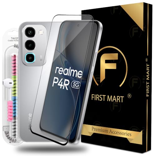 Image of FIRST MART Tempered Glass for Realme P4R, 9H 0.3 mm Full-Glue Screen Protector with Cable Protector, 3D Edge-to-Edge, HD Clear, Case-Friendly, Black, Pack of 1