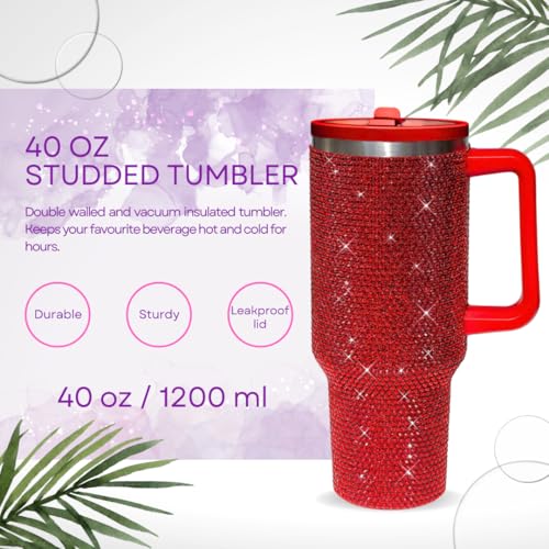 Image of 40 Oz Rhinestone Tumbler with Handle and Flip Straw | Insulated Stainless Steel Double Layer Bling Tumbler | Leak Proof Glitter Tumbler for Women | Reusable 1200ml Travel Bling Cups Red