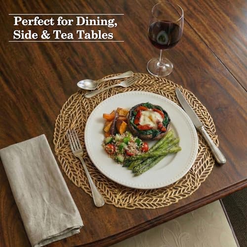 Image of Kuber Industries Leather Round Table Mats Set of 6 | Washable Placemat /Dining Table Mat for Wedding and Family Functions | Leaf Design - Golden